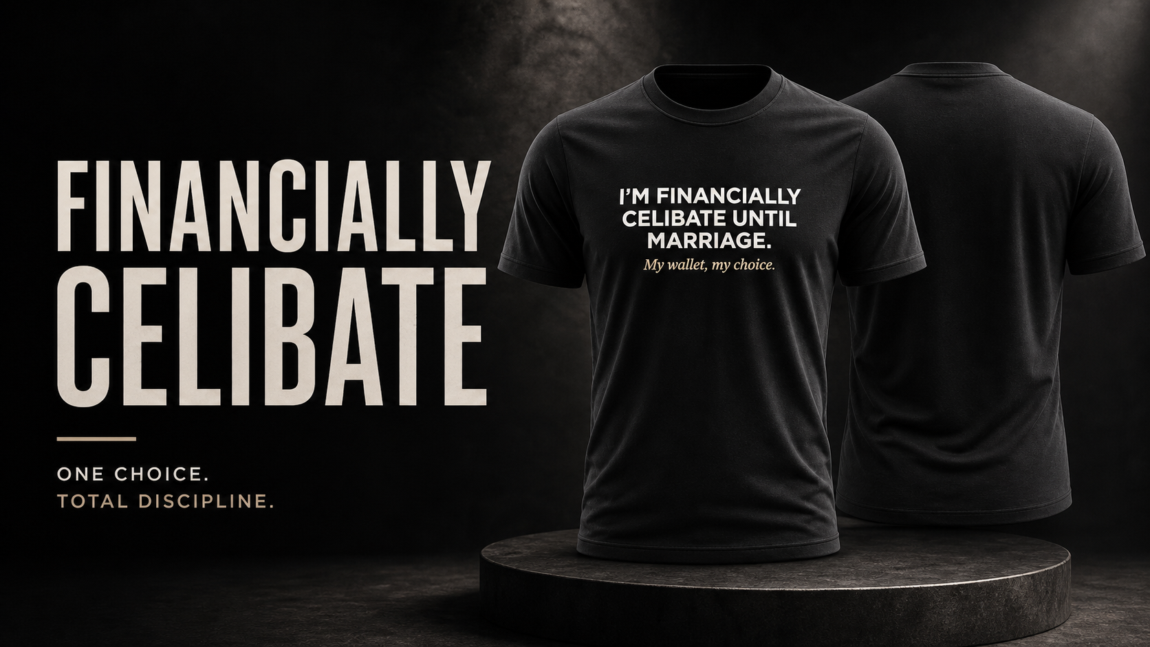 Front and back views of the Financially Celibate black performance shirt